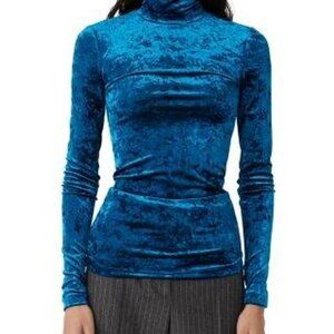 Maje Tandy Crushed Velvet Turtleneck in Blue